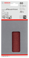 Förpackning med slipark från Bosch, expert Wood+Paint C430, 80 grit, 93 x 186 mm, 10 ark.