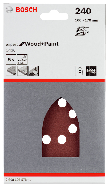 Bosch slippapper för trä och färg, kornstorlek 240, 100x170 mm, 5-pack, artikelnummer 2 608 605 578-720.