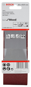 Förpackning av Bosch sandpappersband, 65 x 410 mm, modell 2 608 606 015, för träbearbetning.