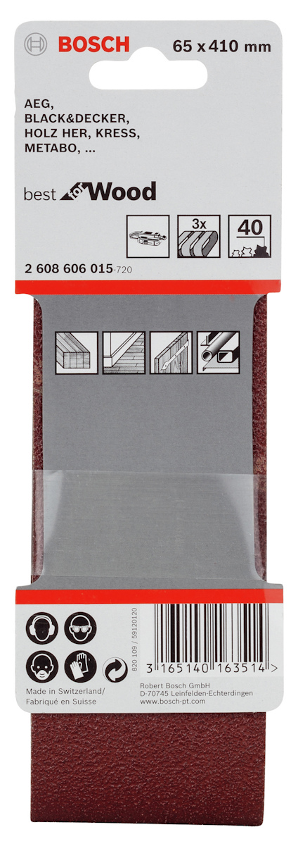 Förpackning av Bosch sandpappersband, 65 x 410 mm, modell 2 608 606 015, för träbearbetning.