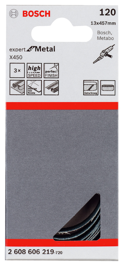 Bosch förpackning med slipband 120 grit, 13x457mm, för metall, hög hastighet, perfekt finish.