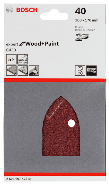 Förpackning av Bosch slippapper 40, trä och färg, 100 x 170 mm.