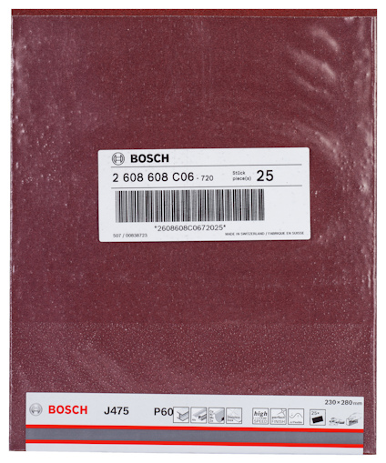 Röd sandpapperark med Bosch-etikett, modell J475, P60, 230x280 mm, 25 stycken.