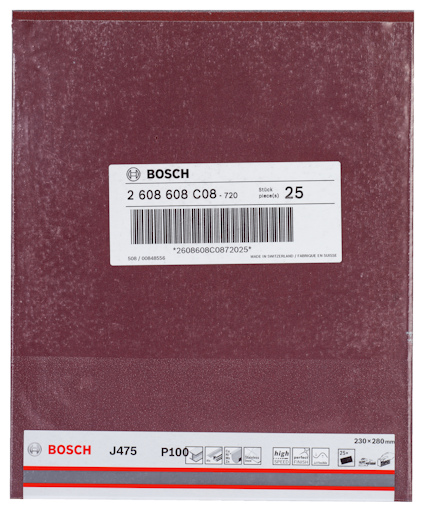 Slippapper Bosch J475 P100, 230x280 mm, 25 st för metall och trä.