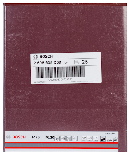 Sandpapper Bosch J475 P120 230x280 mm, etikett med artikelnummer, streckkod och lagerinformation.