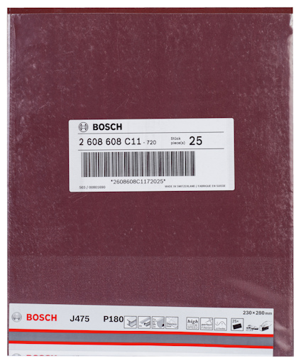 Rödbrunt sandpapper från Bosch, etikett med texten "2 608 608 C11, P180, 25 styck". Storlek: 230x280 mm.