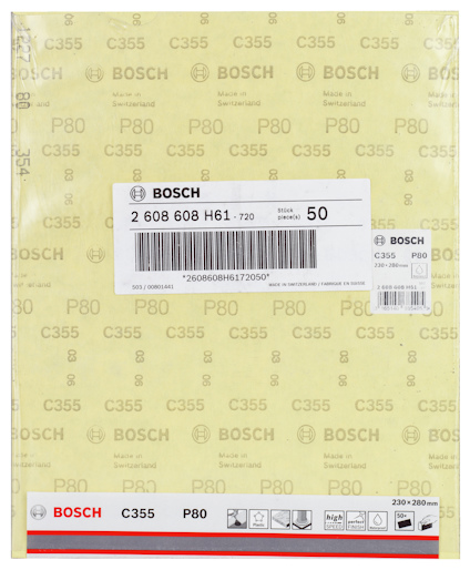 Förpackning med Bosch-sandpapper C355 P80, 50 stycken, 230x280 mm.
