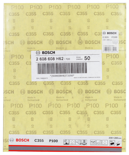 Förpackning med Bosch C355 P100 slippapper, innehåller 50 stycken, mått 230x280 mm, produktnummer 2 608 608 H62-720.