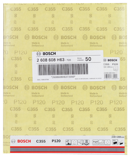 Förpackning av sandpapper Bosch C355 P120, 230x280 mm, 50 ark, Made in Switzerland.