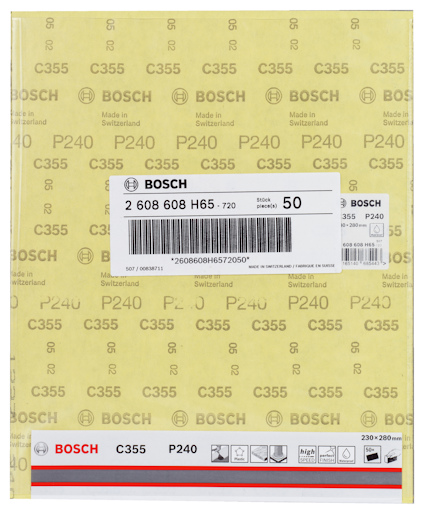 Förpackning med Bosch slippapper C355, P240, 50 ark, 230x280 mm, tillverkad i Schweiz.