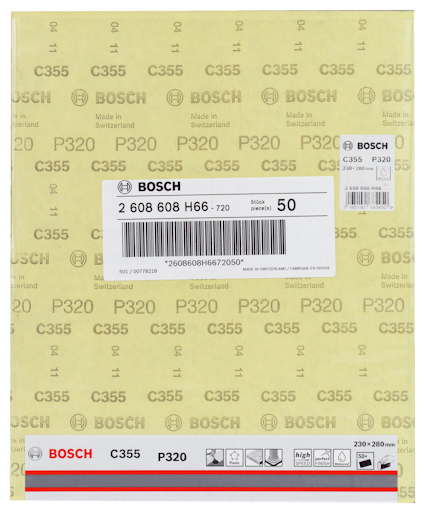 Bosch sandpapper, modell C355 P320, storlek 230x280 mm, 50-pack, "Made in Switzerland".