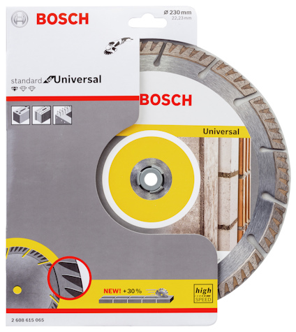 Förpackning med Bosch universalsågklinga, 230 mm, 22,23 mm håldiameter, text "hög hastighet" och bild på tegelstenar.