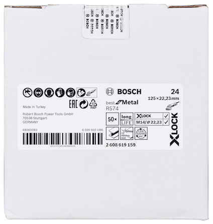 Vit förpackning med etikett: Bosch, Best for Metal, 24, 125x22,23 mm, tillverkad i Turkiet. Koder och symboler syns.