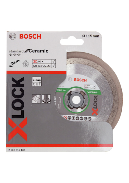 Förpackning med Bosch X-LOCK diamantklinga för keramik, standard 115 mm, märkningar och logo synliga.