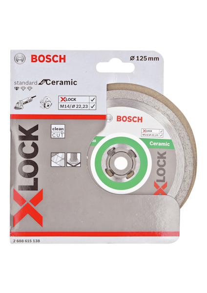 Förpackning med en Bosch X-Lock keramikskiva, standardstorlek 125 mm, märkt med "clean CUT".