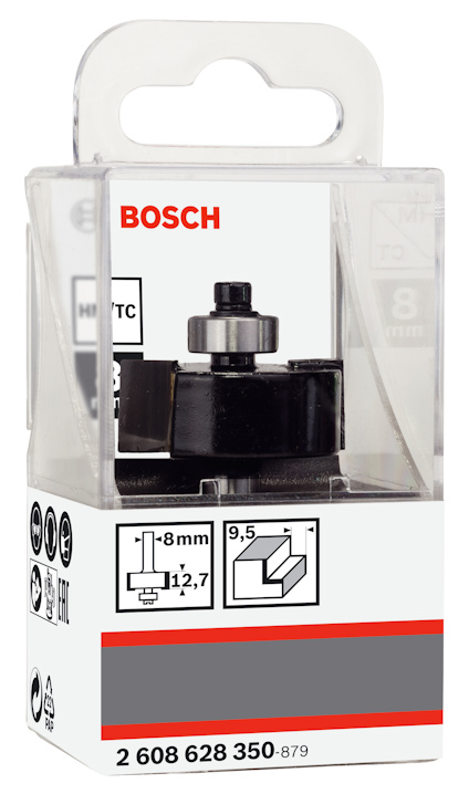 Förpackning med en överhandsfräs från Bosch, modellnummer 2 608 628 350-879, med specifikationer 8 mm, 9,5 mm, 12,7 mm.