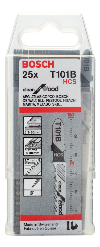 Bosch sågblad T101B HCS, 25x pack. Anpassad för trä. Tillverkad i Schweiz.