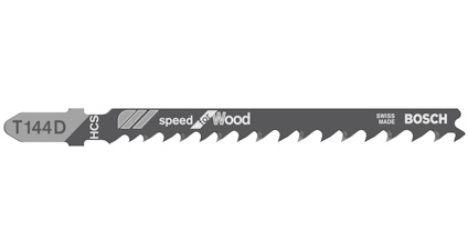 Sticksågblad T144D med tandning för träbearbetning, märkt "speed for wood", "T144D", "HCS", "SWISS MADE", "BOSCH".