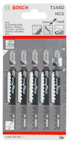 Förpackning med fem Bosch T144D HCS-sticksågblad för träbearbetning, märkta med kompatibla verktygstillverkare.