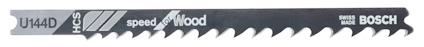 Sticksågblad med beteckningen U144D, texten "HCS speed for Wood" och "Bosch" tryckt på ytan.
