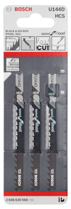 Förpackning med fyra Bosch sågblad HCS U144D för trä. Tekniska specifikationer och grafik synliga.
