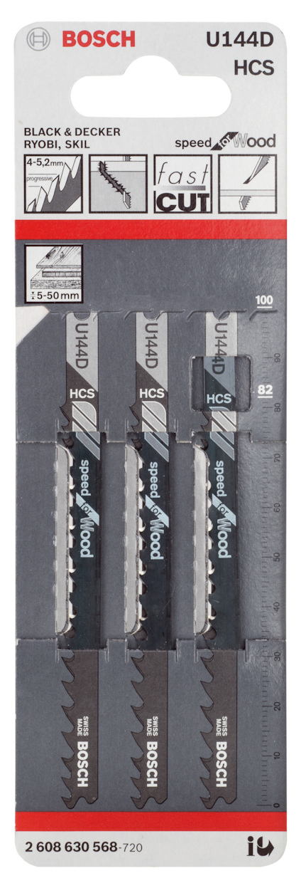 Förpackning med fyra Bosch sågblad HCS U144D för trä. Tekniska specifikationer och grafik synliga.