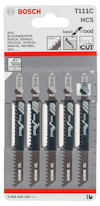Förpackning med fem Bosch sticksågsblad T111C, kompatibla med flera verktygsmärken.