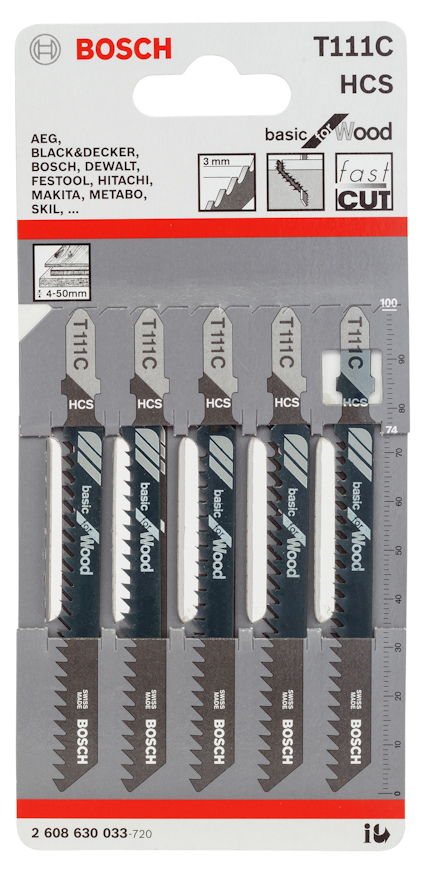 Förpackning med fem Bosch sticksågsblad T111C, kompatibla med flera verktygsmärken.