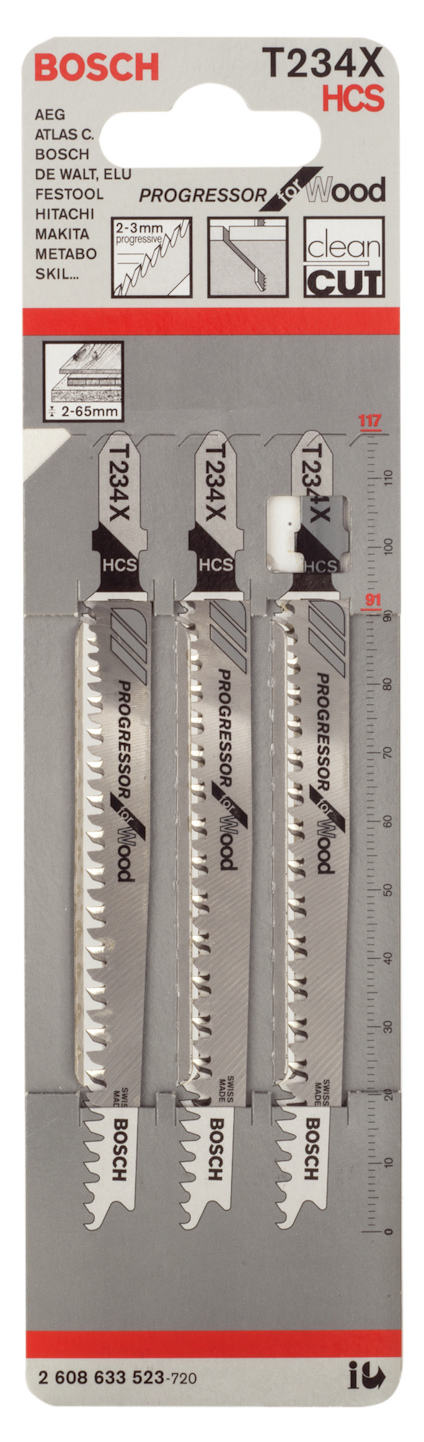 Förpackning med fyra T234X sticksågblad från Bosch, steglös tanddesign, för träarbeten.