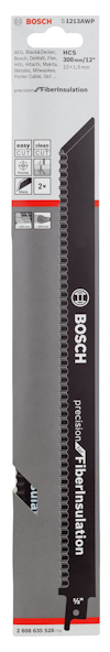 Förpackning med svart Bosch sågblad för fibrös isolering, artikelnummer 112334WP.