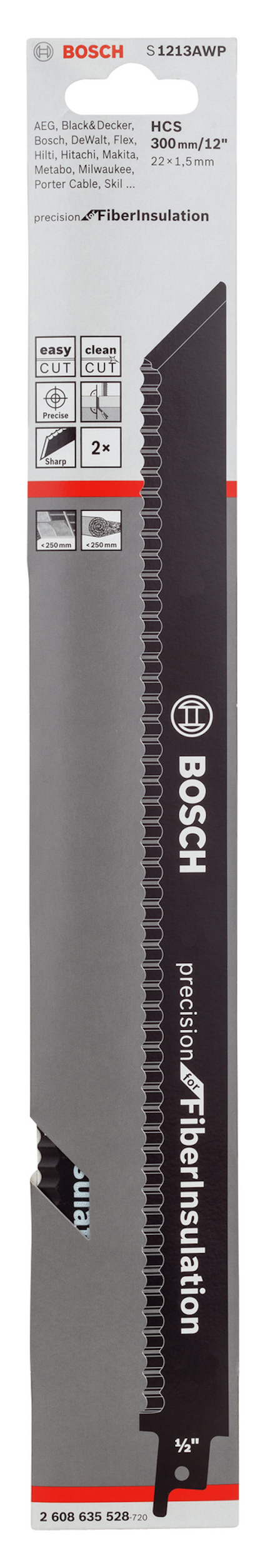 Förpackning med svart Bosch sågblad för fibrös isolering, artikelnummer 112334WP.