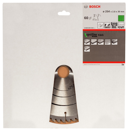 Cirkelsågklinga från Bosch, modell 254 x 2,8 x 30 mm, 60 tänder, för träbearbetning, förpackad i vitt och grått omslag.
