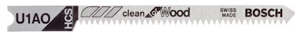 Sticksågsblad med märken "U1AO", "HCS", "clean for Wood", "SWISS MADE", och "BOSCH" i svart text på silverfärgad bakgrund.