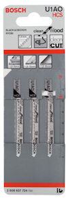 Förpackning med tre sticksågblad från Bosch, modell U1A0 HCS, för trä.