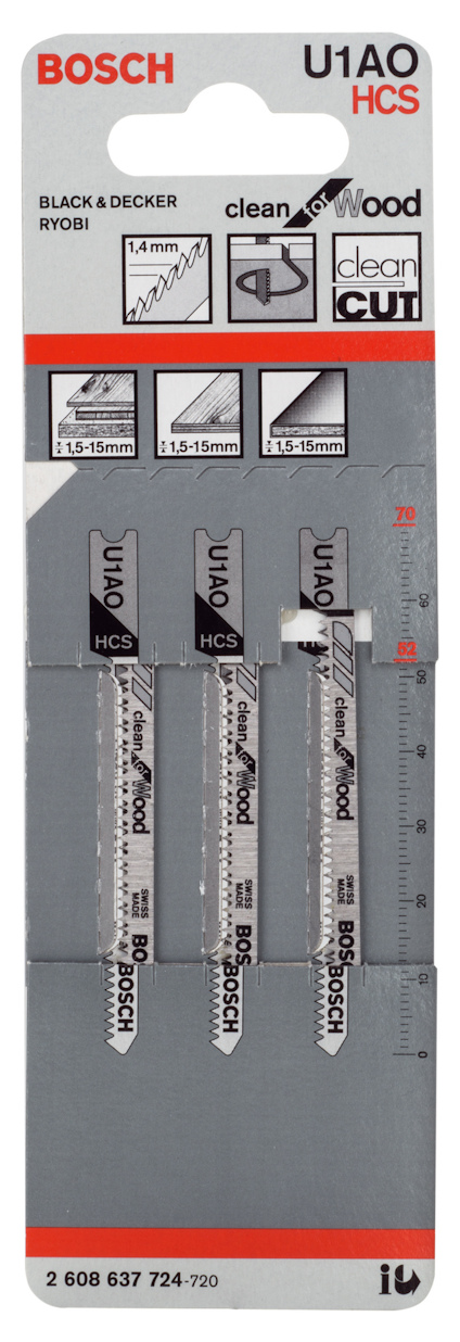 Förpackning med tre sticksågblad från Bosch, modell U1A0 HCS, för trä.