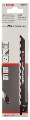 Förpackning för Bosch sticksågblad, modell S713AW, för fiberisolering, HCS, 150 mm, ren skärning, 2-pack.