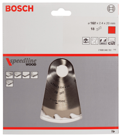 Förpackning för Bosch sågklinga Speedline Wood, storlek 160 x 2,4 x 20 mm, 18 tänder.