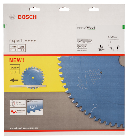Förpackning av Bosch sågklinga, expert för trä, storlek 305 mm, med illustrationer och logotyp.