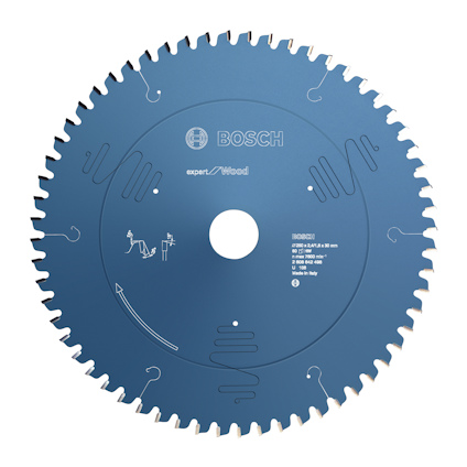 Rund sågklinga i blått med Bosch-logga och texten "Expert for Wood". 48 tänder synliga.