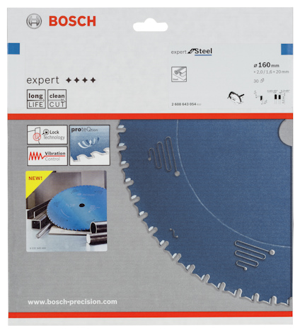 Förpackning med Bosch sågklinga 160 mm, expert steel, lång livslängd, ren skärning, minimala vibrationer.