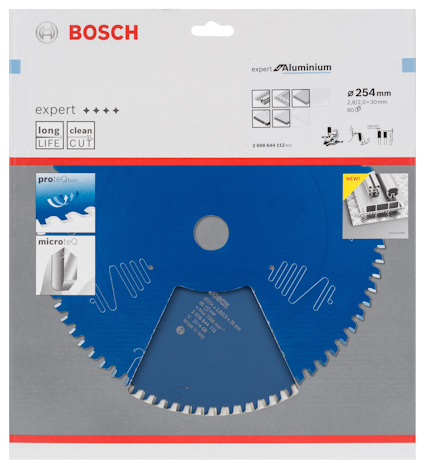 Rund sågklinga från Bosch för aluminium, expert, 254 mm, blå med vit text och förpackningsdesign.