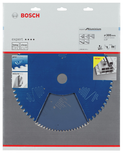 Förpackning av Bosch sågklinga för aluminium, diameter 305 mm, med detaljer om funktioner och material på omslaget.
