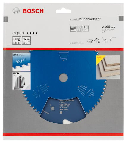 Förpackning av Bosch sågklinga för fiberbetong, 165 mm med blå beläggning och tandad kant.