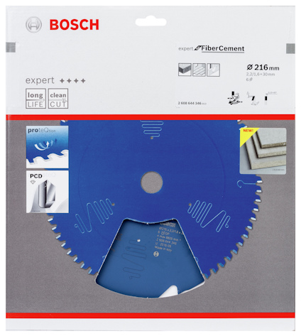 Cirkelsågklinga från Bosch, expert för fiber-cement, diameter 216 mm, blå färg.