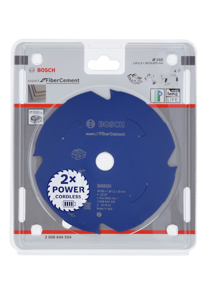 Blå fibersågklinga i förpackning, Bosch Expert, Ø160 mm, "2x Power Cordless" märkning.