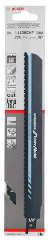 Sägbilspaket från Bosch, modell S1356XHF, 225 mm längd, BIM, för snabbt kap av trä och metall.