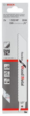 Förpackning med Bosch S922HF sågblad, 2-pack, 150x19x0,9mm, märkta "flexible for Wood + Metal".