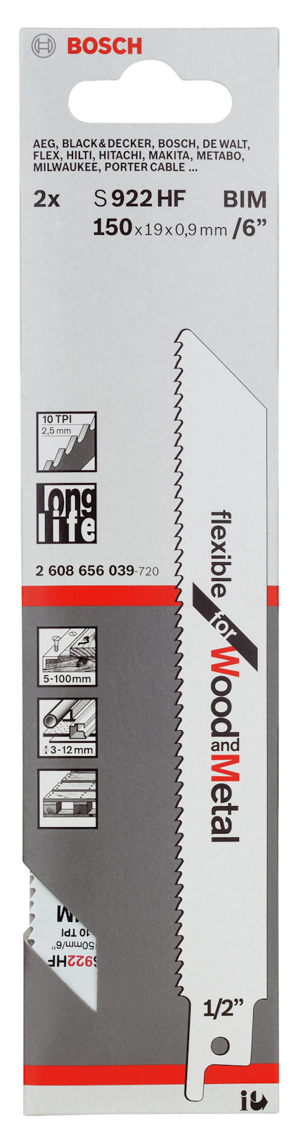Förpackning med Bosch S922HF sågblad, 2-pack, 150x19x0,9mm, märkta "flexible for Wood + Metal".