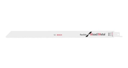 Vitt tigersågblad med texten "flexible Wood+Metal" och varumärket Bosch tryckt i rött.