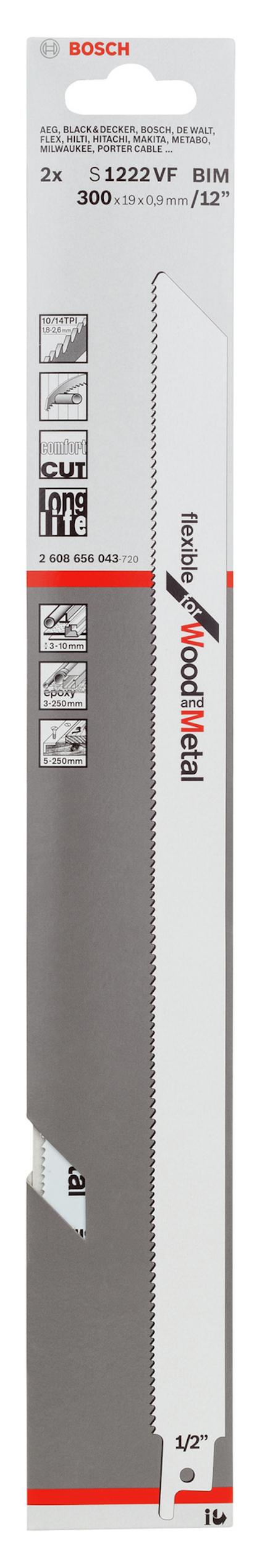 Förpackning med Bosch S 1222 VF sticksågblad för metall, 300 mm, 2-pack.